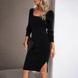 Vestido de punto para mujer – Corte entallado – Escote en U – Mangas largas – Abertura lateral – Largo midi