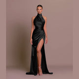 Elegante vestido sin espalda para mujer - Abertura alta - Acabado satinado