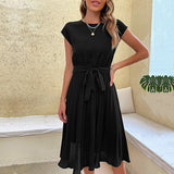 Vestido midi de manga corta para mujer - Cinturón de lazo - Falda plisada fluida