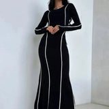 Elegante vestido de manga larga para mujer – Rayas en contraste – Corte ajustado