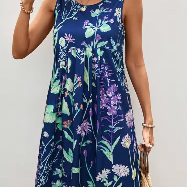Vestido sin mangas para mujer – Corte holgado y fluido – Estampado floral – Tejido de algodón transpirable