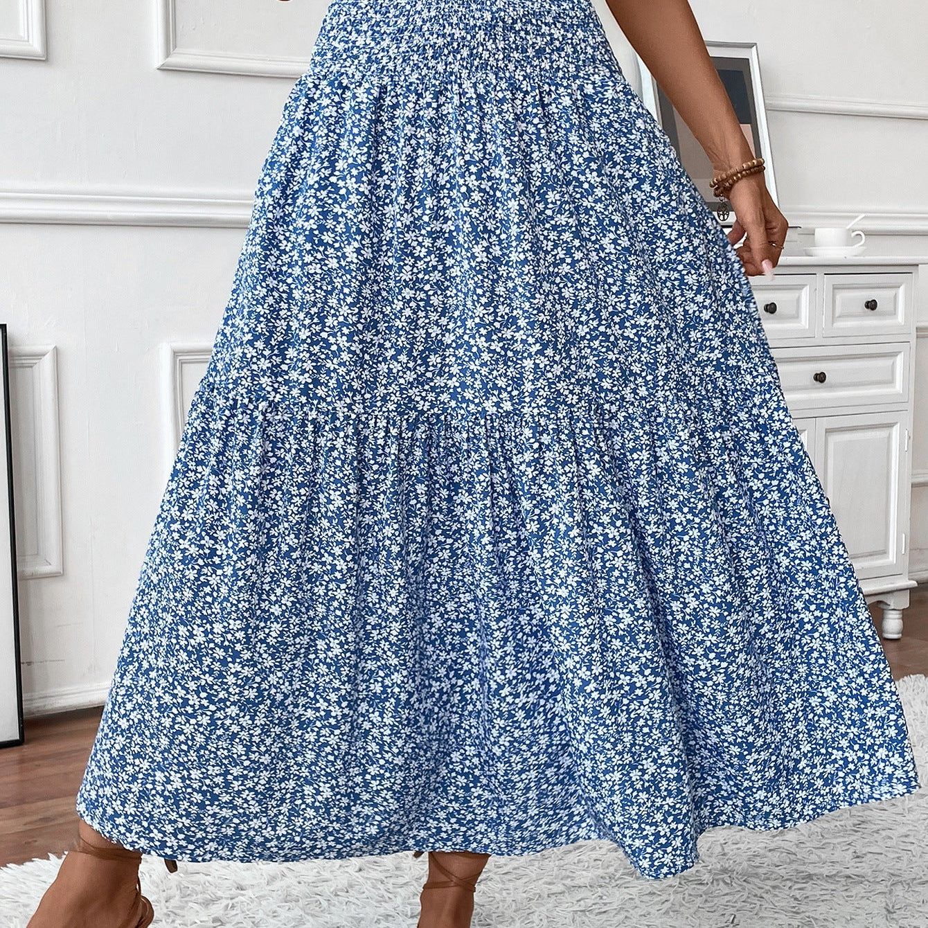 Falda larga de mujer - Cintura elástica - Estampado de volantes - Estampado floral