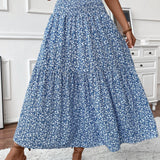 Falda larga de mujer - Cintura elástica - Estampado de volantes - Estampado floral