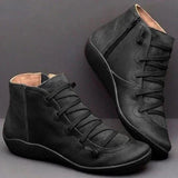Botines de mujer – Piel lisa – Cordones delanteros – Cierre de cremallera – Paneles texturizados