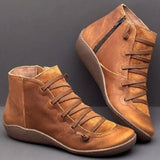 Botines de mujer – Piel lisa – Cordones delanteros – Cierre de cremallera – Paneles texturizados