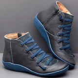 Botines de mujer – Piel lisa – Cordones delanteros – Cierre de cremallera – Paneles texturizados