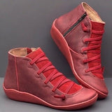 Botines de mujer – Piel lisa – Cordones delanteros – Cierre de cremallera – Paneles texturizados