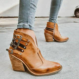 Botines de mujer - Tacón de bloque cómodo - Piel lisa y texturizada - Hebillas y tachuelas de moda