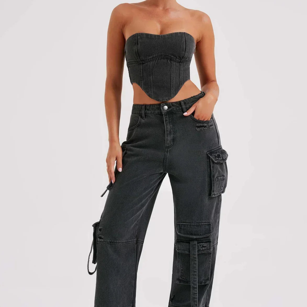 Corsé vaquero para mujer – Corte estructurado – Espalda con cordones – Estilo casual corto