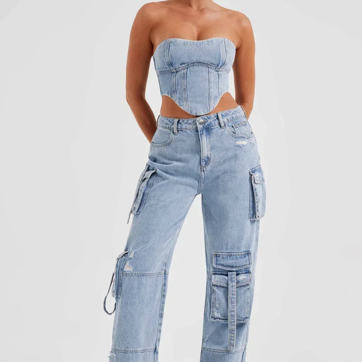 Corsé vaquero para mujer – Corte estructurado – Espalda con cordones – Estilo casual corto