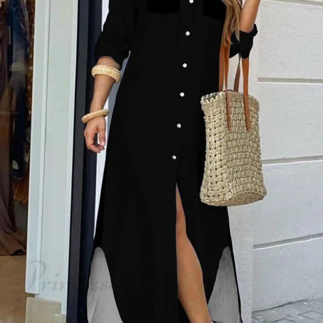 Vestido camisero con bolsillos abotonados - Mangas largas