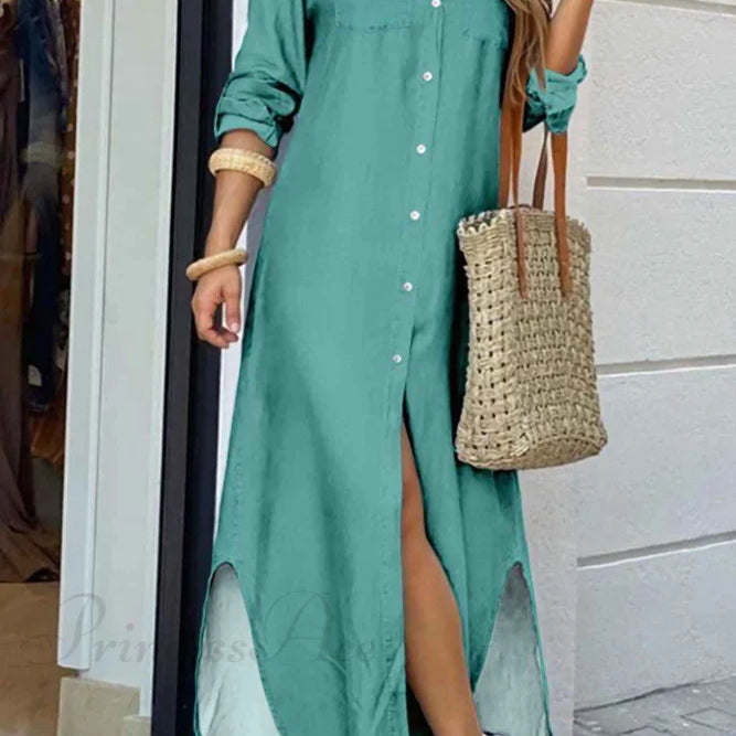 Vestido camisero con bolsillos abotonados - Mangas largas