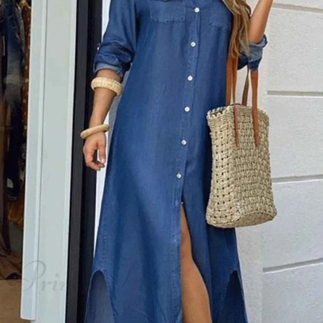 Vestido camisero con bolsillos abotonados - Mangas largas