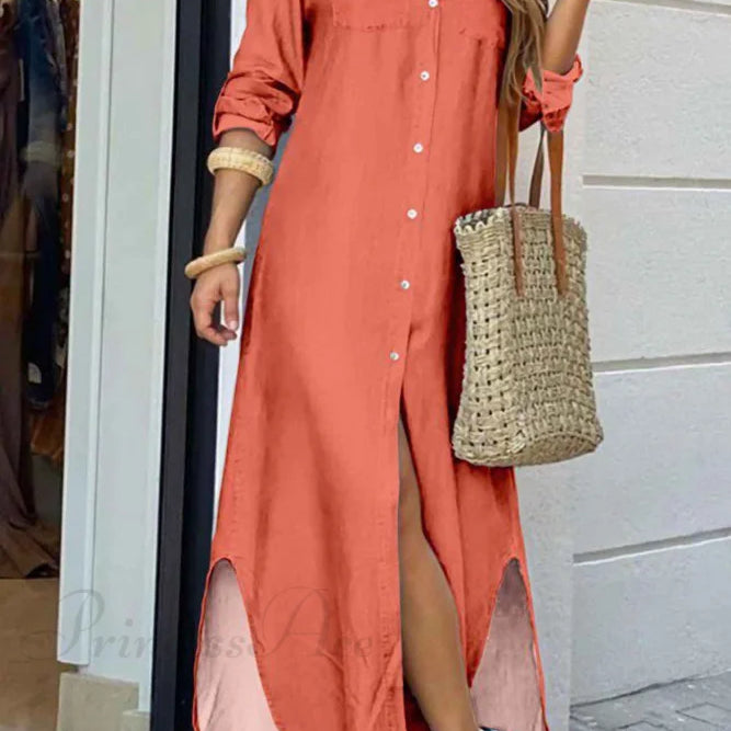 Vestido camisero con bolsillos abotonados - Mangas largas