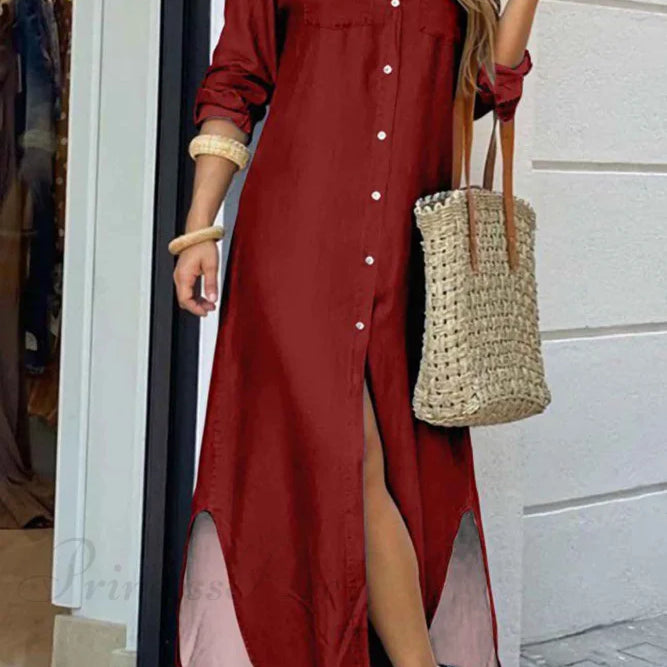 Vestido camisero con bolsillos abotonados - Mangas largas