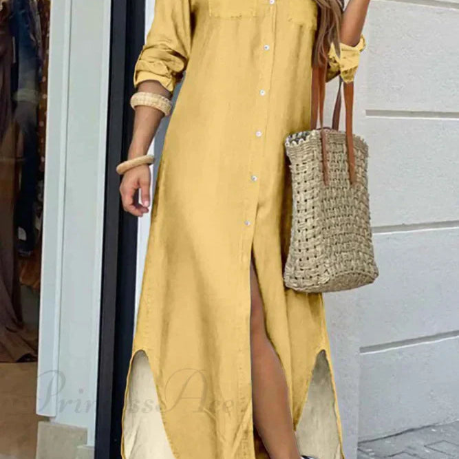 Vestido camisero con bolsillos abotonados - Mangas largas