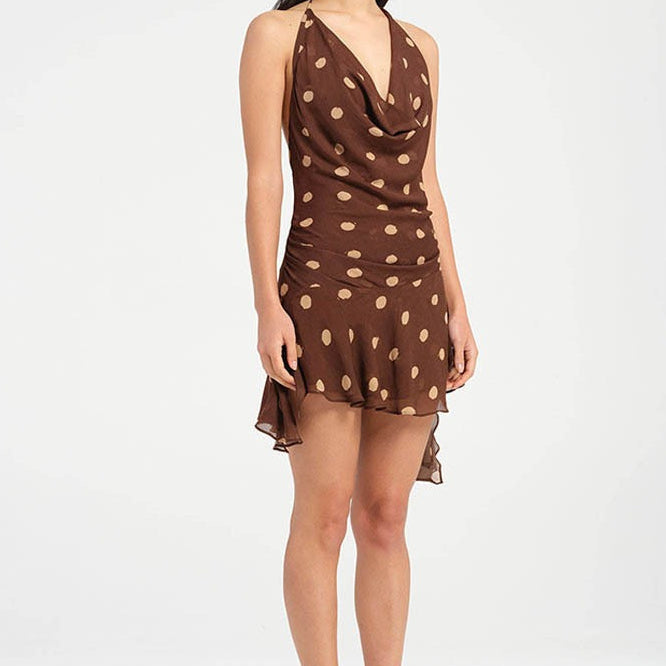 Vestido mini de gasa con lunares, espalda baja, escote pronunciado y abertura en forma de V, estilo halter.