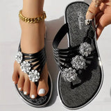 Sandalias de mujer – Diseño de múltiples tiras – Elegante decoración floral – Suela plana cómoda