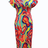Vestido midi de mujer - Denim patchwork ajustado - Mangas cortas - Cuello en V elegante