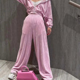 Conjunto de dos piezas: pantalón de punto rosa de corte recto con cremallera para la oficina