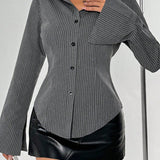 Blusa tipo cárdigan de rayas con botones delanteros y manga larga