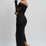 Vestido de noche maxi sin tirantes y manga larga en punto