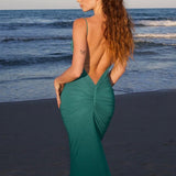 Vestido maxi sexy ajustado con tirantes fruncidos y espalda abierta
