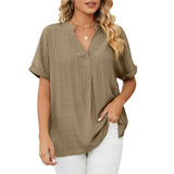 Blusa de mujer - Cuello en V - Mangas cortas con vuelta - Corte holgado - Tejido ligero y transpirable