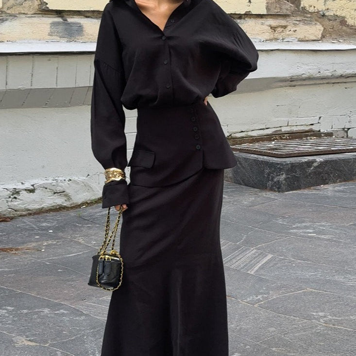 Conjunto de dos piezas: vestido camisero liso de manga larga, de estilo urbano elegante y creativo.