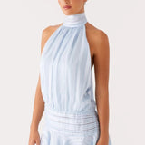 Elegante minivestido sin espalda en satén jacquard a rayas