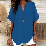 Blusa de mujer – Corte holgado – Mangas cortas – Cuello en pico – Fibras naturales