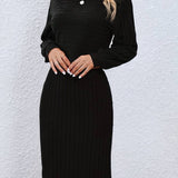Conjunto de mujer - Falda y jersey de punto acanalado - Corte entallado - Cuello redondo - Manga larga
