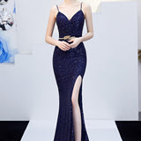 Vestido de noche de sirena sexy y ajustado con cinturón.