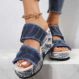Sandalias de cuña para mujer - Denim deshilachado - Suela alta estampada - Punta abierta