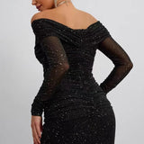 Vestido de noche maxi sin tirantes y manga larga en punto