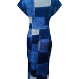 Vestido midi de mujer - Denim patchwork ajustado - Mangas cortas - Cuello en V elegante