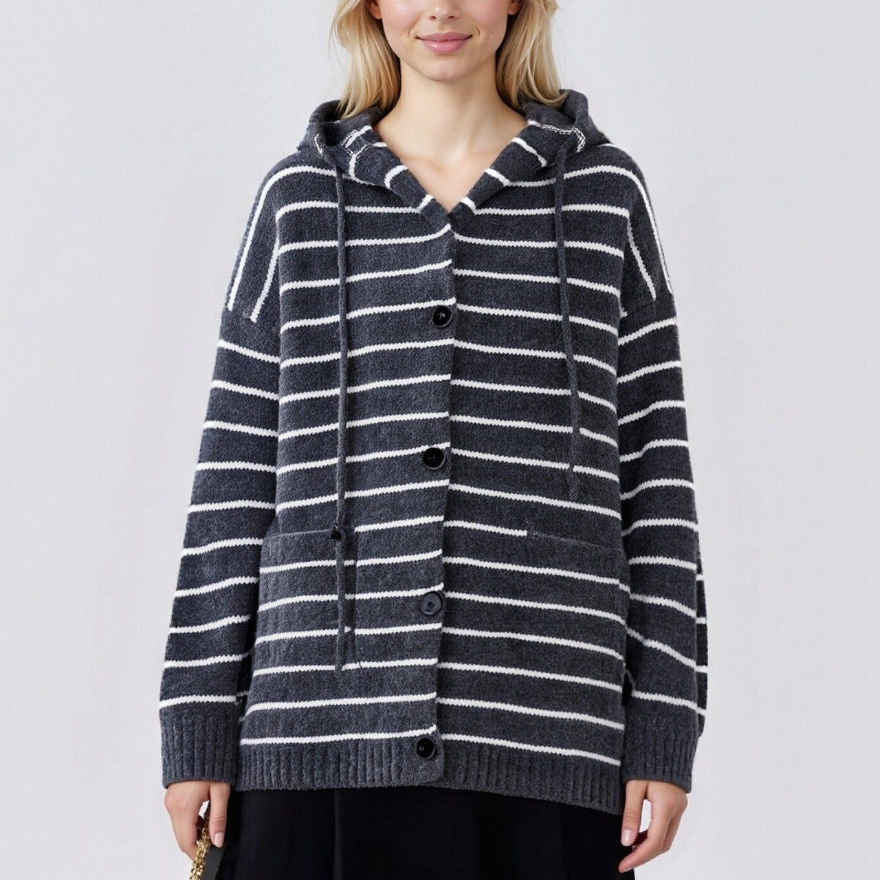 Cárdigan de punto a rayas de talla grande con capucha retro, cordón y bolsillos.