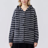 Cárdigan de punto a rayas de talla grande con capucha retro, cordón y bolsillos.
