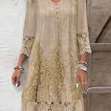 Vestido de mujer - Estilo bohemio - Largo midi - Mangas 3/4 con ribete de encaje - Escote en pico abotonado - Bordado