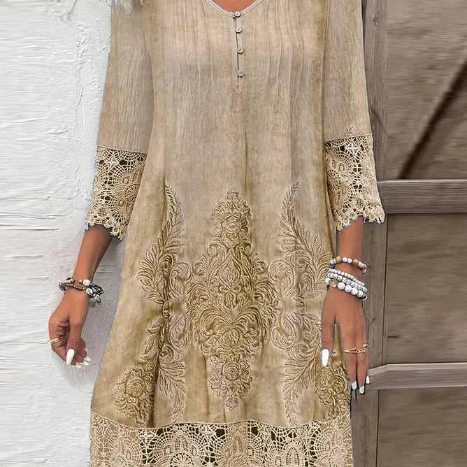 Vestido de mujer - Estilo bohemio - Largo midi - Mangas 3/4 con ribete de encaje - Escote en pico abotonado - Bordado