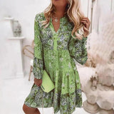 Vestido de mujer – Corte fluido y evasé – Estampado floral – Mangas largas – Tejido transpirable