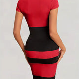 Vestido ajustado para mujer - Mangas cortas - Cuello redondo - Estampado de bloques de color - Largo hasta la rodilla