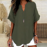 Blusa de mujer – Corte holgado – Mangas cortas – Cuello en pico – Fibras naturales