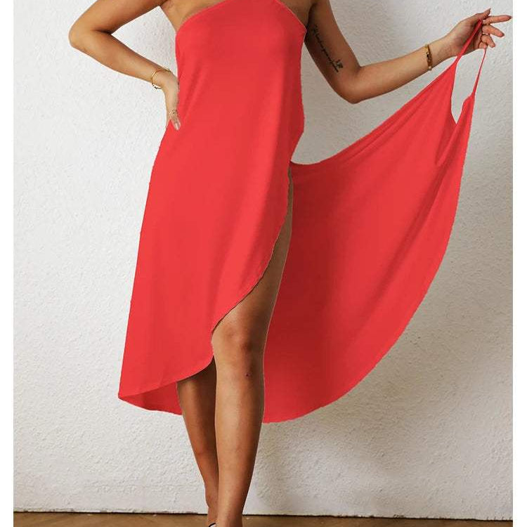 Vestido de mujer - Asimétrico, un hombro, corte fluido, abertura elegante