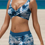 Conjunto de bikini para mujer: top retorcido, shorts fruncidos ajustables y tejido elástico.