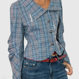 Abrigo con estampado de cuadros y cuello alto fruncido