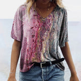 Camiseta de mujer con cuello en V – Corte holgado – Manga corta – Estampado bohemio – Tejido transpirable