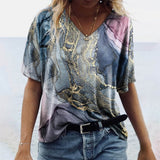 Camiseta de mujer con cuello en V – Corte holgado – Manga corta – Estampado bohemio – Tejido transpirable