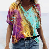 Camiseta de mujer con cuello en V – Corte holgado – Manga corta – Estampado bohemio – Tejido transpirable