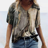 Camiseta de mujer con cuello en V – Corte holgado – Manga corta – Estampado bohemio – Tejido transpirable